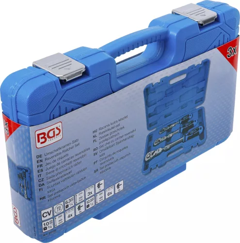 BGS technic Sada reverzibilných račňových kľúčov | výsuvná, uhlová | vonkajší štvorhran 6,3 mm (1/4") - 10 mm (3/8") - 12,5 mm (1/2") | 3-dielna (25128)