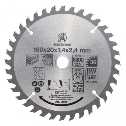 BGS DIY Pílový kotúč s karbidovými zubami | Ø 160 x 20 x 2.4 mm | 36 zubov (BGS 3950)