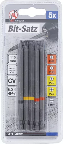 BGS DIY Sada nástrčných bitov | vonkajší šesťhran 6,3 mm (1/4") | PH, PZ a ploché | 110 mm | 5 ks (4832)