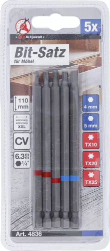 BGS DIY Sada nástrčných bitov | vonkajší šesťhran 6,3 mm (1/4") | vnútorný šesťhran a T-profil (Torx) | 110 mm | 5 ks (4836)
