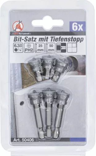BGS DIY Sada bitov s hlbokým dorazom | pre sádrokartonové dosky | pohon vonkajší šesťhran 6,3 mm (1/4") | krížová drážka PH2 | 6-dielna (BGS 50406)