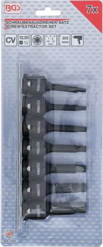 BGS technic Sada na povolenie poškodených skrutiek | 12,5 mm (1/2") | pre poškodený vnútorný 6-hran 4 - 12 mm | 7-dielna (BGS 7004)