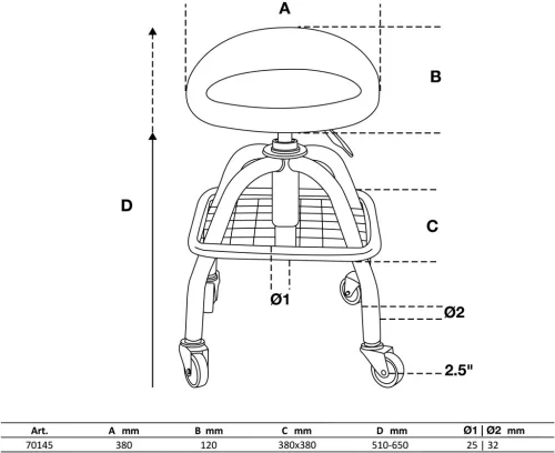 BGS technic Dielenská stolička | so 4 kolieskami | výškovo nastaviteľný | 540 - 680 mm (70145)