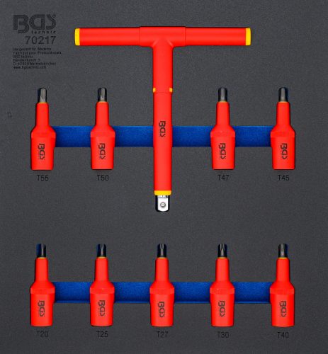 BGS technic Vložka do dielenského vozíka 2/3: VDE sada nástrčných hlavíc | 12,5 mm (1/2") | T-profil (pro Torx) T20 - T55 | 10-dielna (BGS 70217)