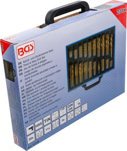 BGS technic Súprava vrtákov so stupňovitým vrtákom | HSS | titánovo nitridované | 1 – 10 mm | 231 dielov (72130)