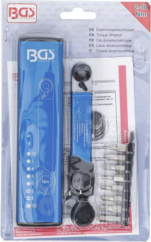 BGS technic momentový kľúč s račňou a bitovou sadou – 2–10 Nm. 9 ks. (74295)