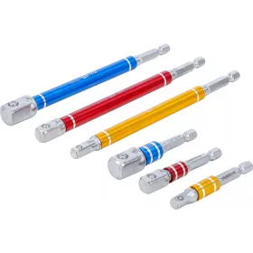   BGS technic Súprava adaptéra na elektrickú vŕtačku | Viacfarebné | 6,3 mm (1/4") pohon | vonkajší štvorec 6,3 mm (1/4") / 10 mm (3/8") / 12,5 mm (1/2") mm | 75 - 150 mm | 6 ks. (74424)