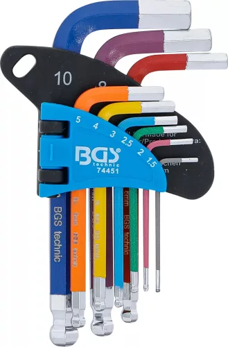 BGS technic Sada kľúčov typu L | Viacfarebné | krátky | vnútorný šesťhran, vnútorný šesťhran s guľovou hlavou 1,5 - 10 mm | 9 ks. (74451)