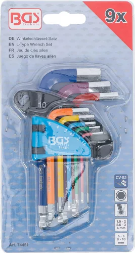 BGS technic Sada kľúčov typu L | Viacfarebné | krátky | vnútorný šesťhran, vnútorný šesťhran s guľovou hlavou 1,5 - 10 mm | 9 ks. (74451)