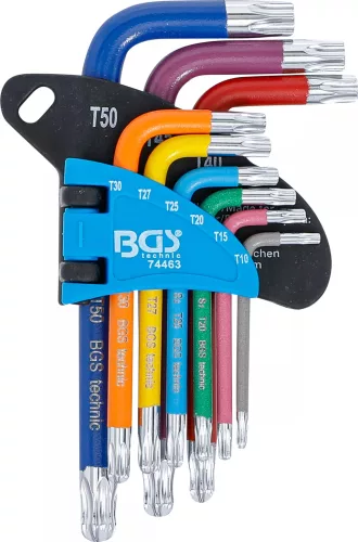 BGS technic Sada kľúčov typu L | Viacfarebné | krátky | T-Star odolný voči manipulácii (pre Torx) s guľovou hlavou T10 - T50 | 9 ks. (74463)