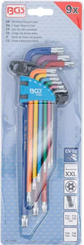 BGS technic Sada kľúčov typu L | Viacfarebné | extra dlhé | T-Star odolný voči manipulácii (pre Torx) s guľovou hlavou T10 - T50 | 9 ks. (74465)