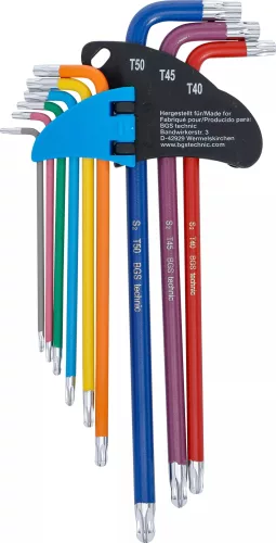 BGS technic Sada kľúčov typu L | Viacfarebné | extra dlhé | T-Star (pre Torx) s guľovou hlavou T10 - T50 | 9 ks. (74468)