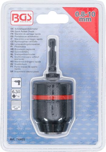 BGS technic Rýchla akcia Chuck | Kovové prevedenie | 6,3 mm (1/4") pohon x 20 UNF | 0,8 – 10 mm (74469)