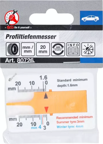 BGS DIY Ukazovateľ hĺbky dezénu pneumatiky | s kľúčenkou | 0 - 20 mm (80726)