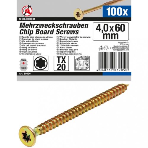 Kraftmann Viacúčelové skrutky | T-profil (pre Torx) T20 | 4.0 x 60 mm | 100 ks (BGS 80996)