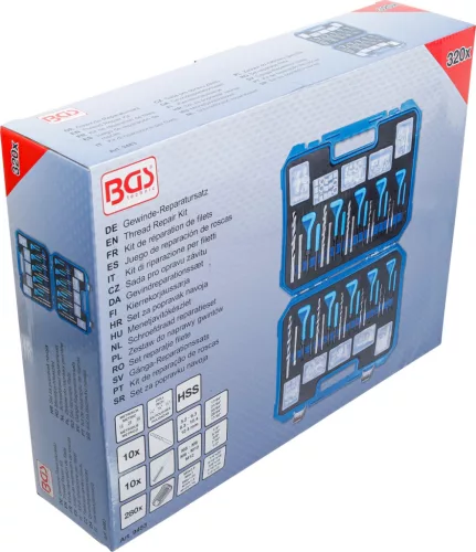 BGS technic Sada na opravu závitov, metrické a palcové rozmery, M5 – M12, 1/4" – 1/2", 320 dielov (9483)