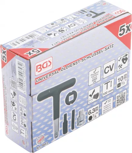 BGS technic Univerzálna sada servisných kľúčov pre olejové výpuste | pre plastové olejové výpuste | pohon vonkajší šesťhran 6,3 mm (1/4"), 10 mm (3/8") | 5-dielna (BGS 9843)