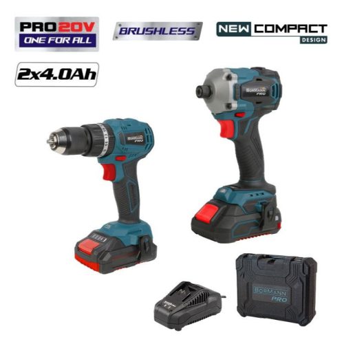 BORMANN Pro SET AKUMULÁTOROVÁ PRÍPADOVÁ VŔTAČKA KOMPAKTNÁ BEZKUMIČOVÁ 20V+NÁRAZOVÝ SKRUTKOVAČ KOMPAKTNÁ BEZKÚHLÍKOVÁ 20V+2x4AH+BMC (BBP5003)