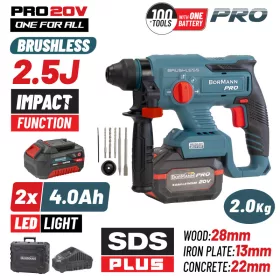   BORMANN Pro BBP5301X44CA akumulátorové bezuhlíkové vŕtacie kladivo SDS Plus 20 V, 2×4 Ah, 2,5 J, BMC