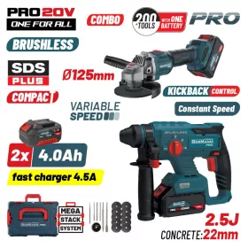   BORMANN Pro akumulátorová sada: vŕtacie kladivo a uhlová brúska, 20 V, bezuhlíkový motor, 2×4 Ah
