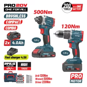   BORMANN Pro akumulátorová sada: príklepový vŕtací skrutkovač a rázový uťahovač, 20 V, 120/500 Nm, 2×4 Ah