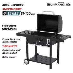   BORMANN ELITE gril na drevené uhlie smoker s vekom, plocha 59 × 42 cm, teplomer a sklopné bočné police (BBQ1915)