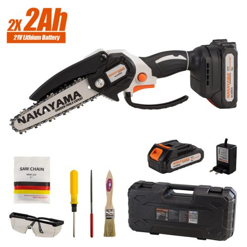 NAKAYAMA AKUMULÁTOROVÁ MINI REŤAZOVÁ PÍLA 21V, BEZKÚFELOVÁ, LIŠTA 15cm, 825gr, REŤAZ 1/4"1,1mm,37Článkov 11m/s, 2x2Ah Li-Ion, (EC1050)
