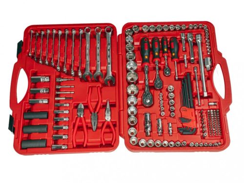 Genius Tools Hlavice na vrany, hlavice na pneumatické kľúče, sada bitov, vidlica s hviezdicou a imbusové kľúče, kliešte a príslušenstvo, 1/4" - 3/8" - 1/2", 161 kusov (AC234161S)