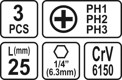 STHOR SKRUTKOVACIE BITTY 1/4 25MM PH1, PH2, PH3 3KS (65461)