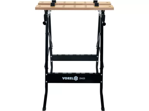 VOREL skladací pracovný stôl so zverákovým upnutím, MDF doska, nosnosť 70 kg (29420)