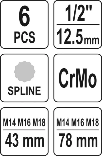 YATO Sada rázových nástrčných kľúčov Spline M14, M16, M18, 1/2" uchytenie (YT-10652)
