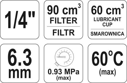 YATO Regulátor tlaku vzduchu 1/4", max. 0,93MPa, s filtrom (90ccm) a přimazáváním (60ccm) (YT-2385)