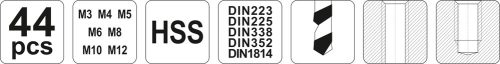 YATO Súprava závitníkov 44ks, M3, M4, M5, M6, M8, M10, M12 (YT-2978)