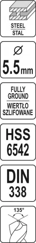 YATO HSS 6542 vrták do kovu obojstranný d5,5mm L66/16mm (YT-40018)