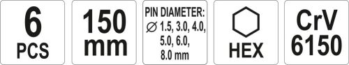 YATO Súprava vyrážačov 6ks, 150mm, priemer. 1,5, 3, 4, 5, 6, 8mm (YT-47121)
