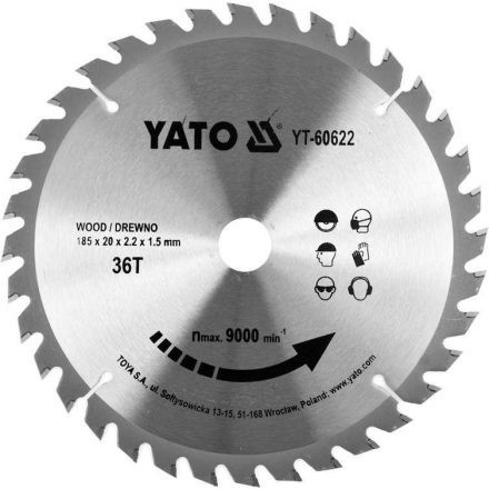 YATO pílový kotúč na drevo 185x20x2,2x1,5 mm 36 zubov až 9500 ot./min (YT-60622)