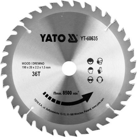 YATO pílový kotúč na drevo 190x20x2,2x1,5 mm 36 zubov až 8500 ot./min (YT-60635)
