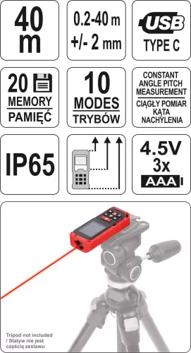 YATO Laserový merač vzdialenosti 0.2-40M, 10 režimov (YT-73126)