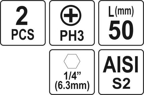 YATO Sada bitov Phillips PH3x50mm HEX 1/4" AISI S2 2ks (YT-77877)
