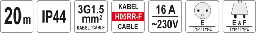 YATO Predlžovák bubnový 4zásuvky IP44 16A 20 m (YT-81052)