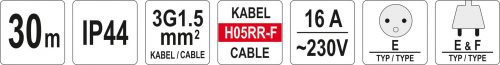 YATO Predlžovák bubnový 4zásuvky IP44 16A 30 m (YT-81053)