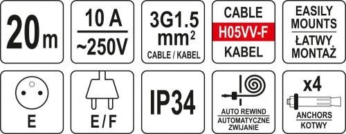 YATO ELEKTRICKÝ PREDLŽOVACÍ KÁBEL NA AUTOMATICKOM NAVIJAČKU 20M (YT-81221)