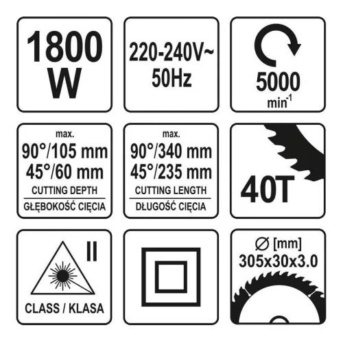 YATO POKOSOVÁ PÍLA S 305MM 1800W DISKOM S LASEROM NA REZANIE VEĽKÝCH SÚČTOV (YT-82175)