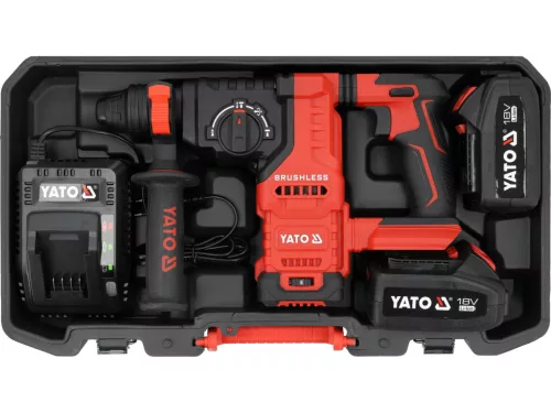YATO akumulátorové vŕtacie kladivo SDS Plus 18 V, bezuhlíkový motor, 2×4 Ah sada (YT-827724)