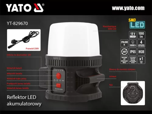 YATO Akumulátorový reflektor 18V – 10000 lm, 360° osvetlenie (YT-829670)