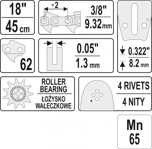 YATO pílová lišta l= 18"/45 cm (62 článkov), 0,322" (8,2 mm), pre reťaze YT-84956, YT-84960 (YT-849355)