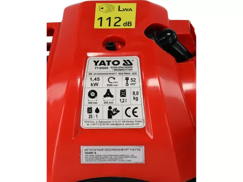 YATO Benzínový krovinorez s príslušenstvom, 1,45 kW, 52 cm³, záber 430 mm (YT-85005)